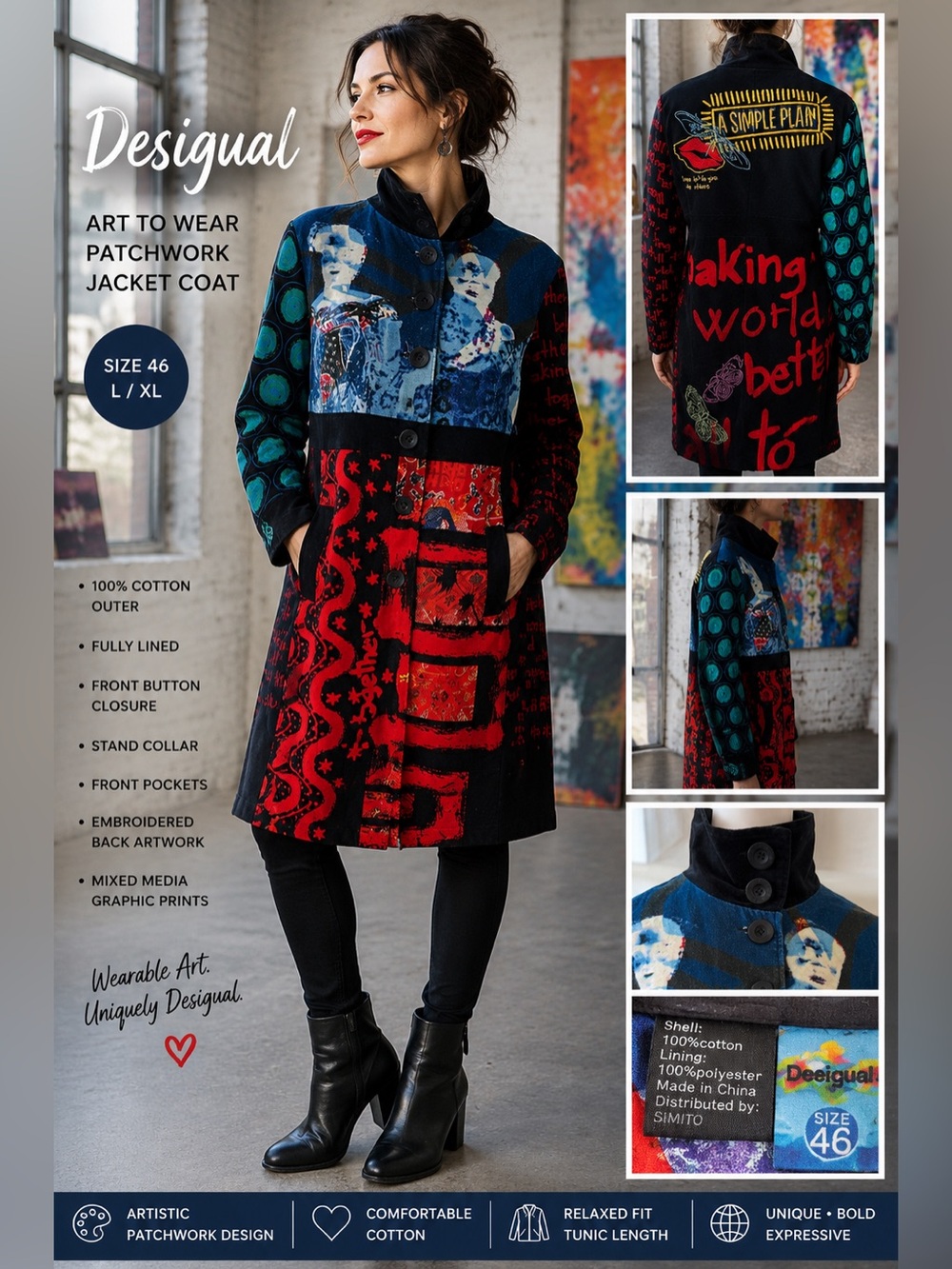Desigual Art To Wear Jacket Coat Size 46 L XL